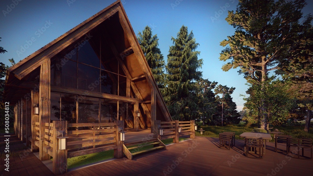 wooden house isometric with lounge on deck in front terrace jungle background 3d illustration wooden house isometric with lounge on deck in front terrace jungle background 3d illustration