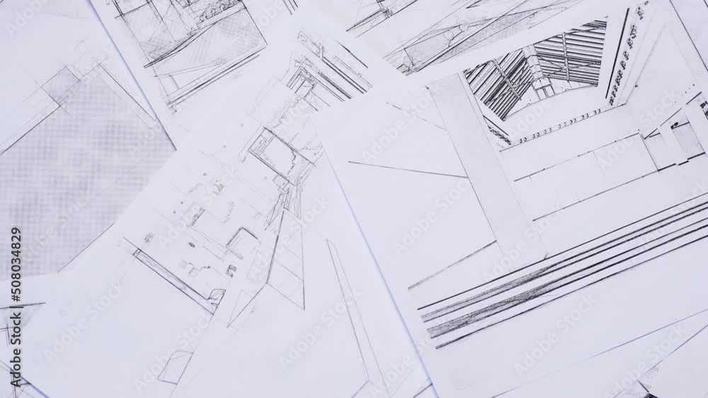 Background on the theme of business in the field of construction and architecture. Sheets with drawings and sketches of a large modern hall and a reception desk. Background on the theme of business in the field of construction and architecture. Sheets with drawings and sketches of a large modern hall and a reception desk.
