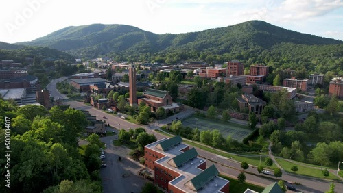 aerial push in reveal appalachian state univerisity campus in boone nc, north carolina photo