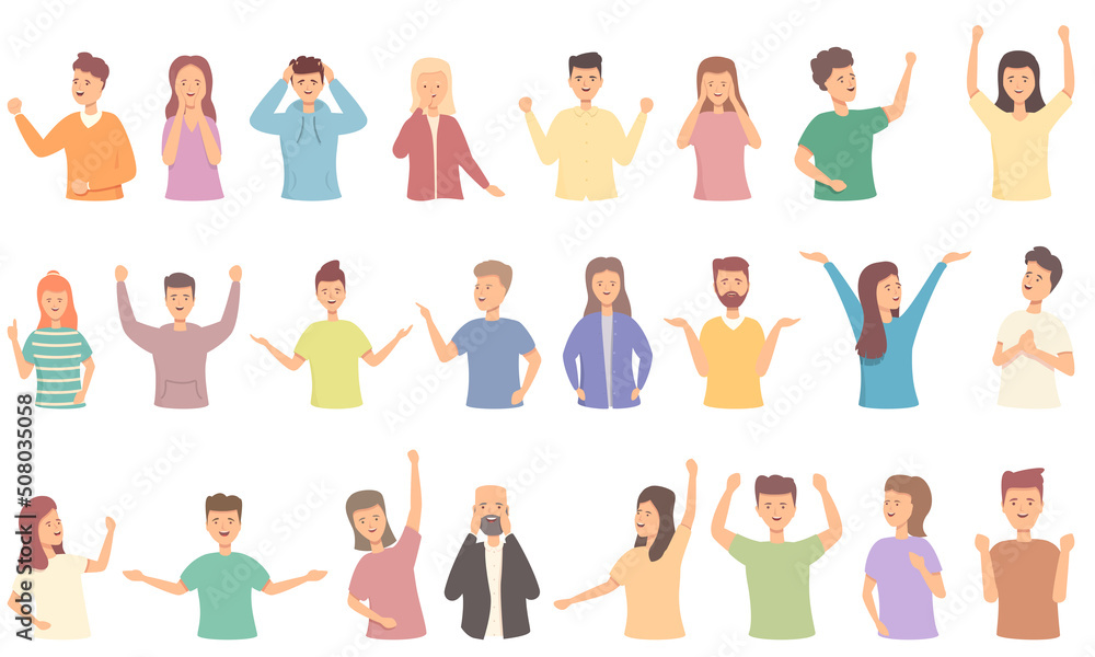 Delight icons set cartoon vector. Happy energy. Woman celebrate Delight icons set cartoon vector. Happy energy. Woman celebrate