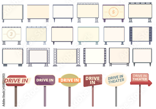 Drive-in cinema icons set cartoon vector. Movie drive. Auto car