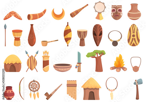 Aborigin icons set cartoon vector. Cultural africa. Totem tribe photo