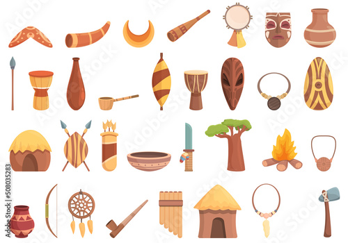 Aborigin icons set cartoon vector. Cultural africa. Totem tribe