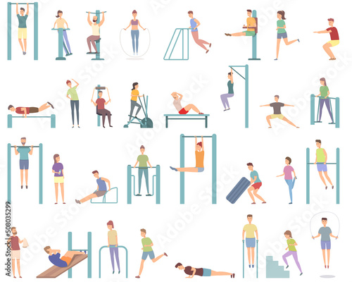 Sport workout on the street icons set cartoon vector. Active training. Street gym