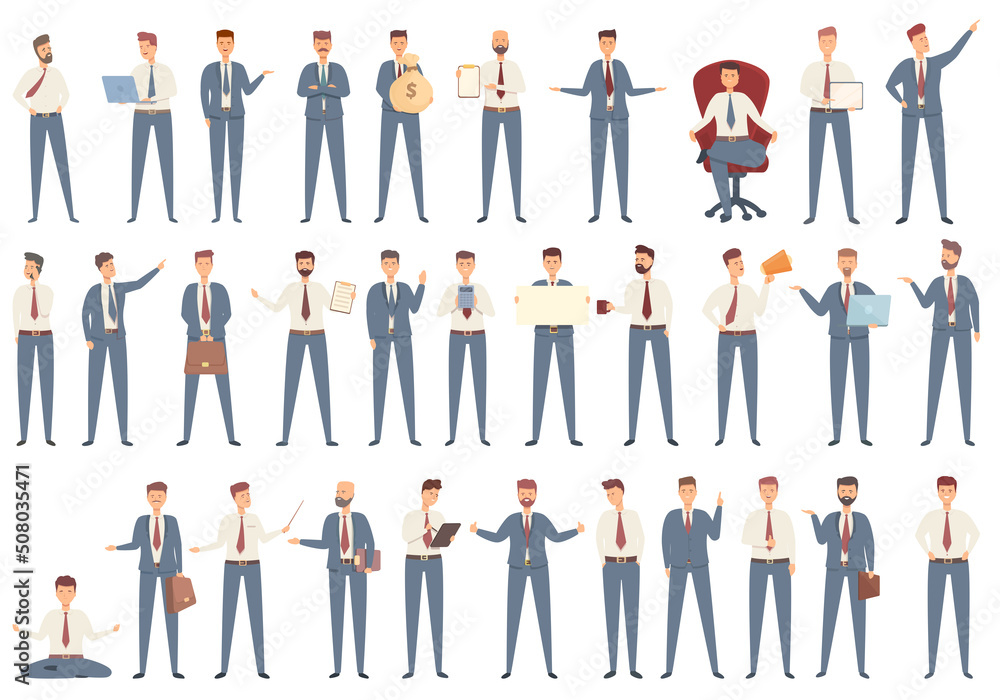 Commercial director icons set cartoon vector. Career company. Business office
