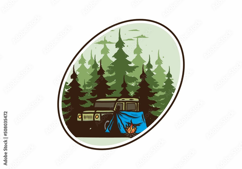 Camping beside the car in the forest illustration