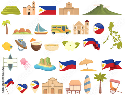 Philippines icons set cartoon vector. Bohol tarsier. Landmark culture