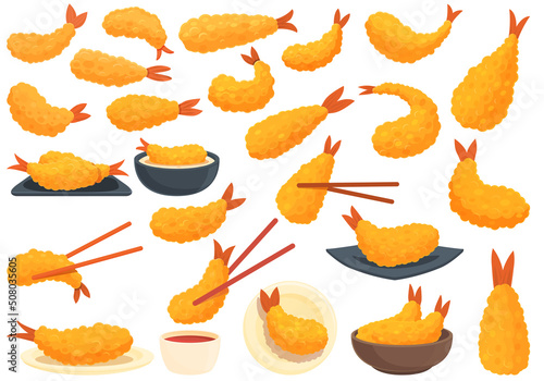 Tempura icons set cartoon vector. Appetizer shrimp. Fried deep