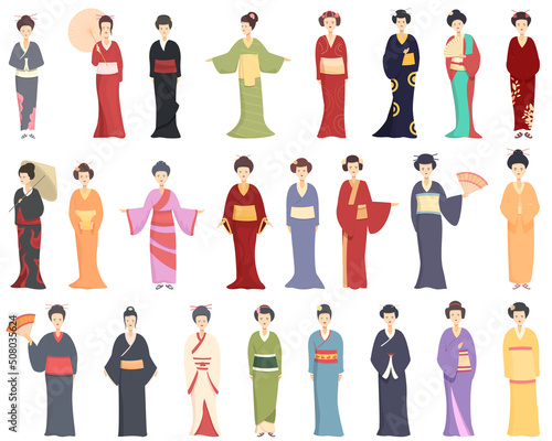 Geisha icons set cartoon vector. Japanese girl. Japan kimono
