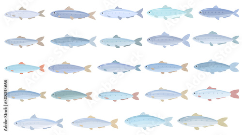Sardine icons set cartoon vector. Can fish. Oil snack