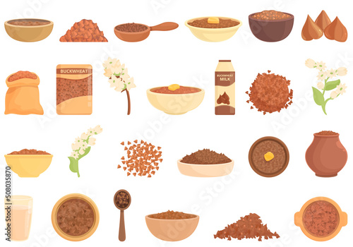 Buckwheat icons set cartoon vector. Agriculture cereal. Detox diet