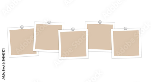 Empty photo frames on pins in a row. Vector realistic mockup. Beige posters or paper sheets for note, collage. Five square photo cards with white border. Blank Template. EPS10. 