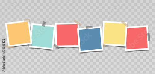 Multicolored empty photo frames with  adhesive tape in a row. Vector realistic mockup for design, presentations, photos. Six square photo cards with white border. Blank Template. EPS10.