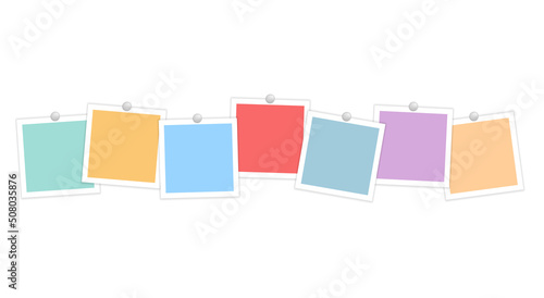 Multicolored empty photo frames on pins in a row. Vector realistic mockup. Colored posters or paper sheets for note, collage. Seven square photo cards with white border. Blank Template. EPS10.