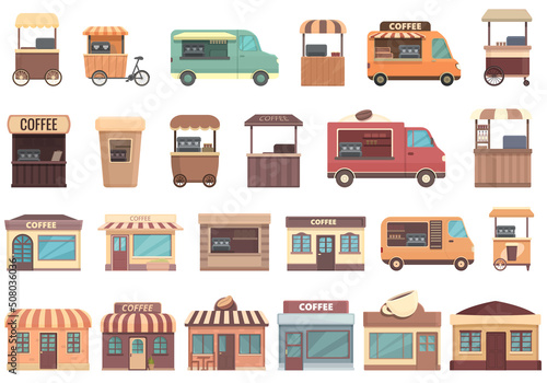 Street coffee icons set cartoon vector. Car van. Street truck