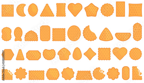 Crackers icons set cartoon vector. Round cookie. Snack food