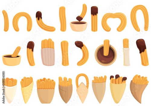 Churros icons set cartoon vector. Mexican chocolate. Churro food