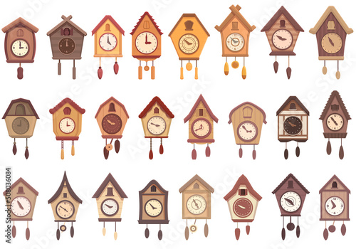 Cuckoo Clock icons set cartoon vector. Hour clock. Antique alarm