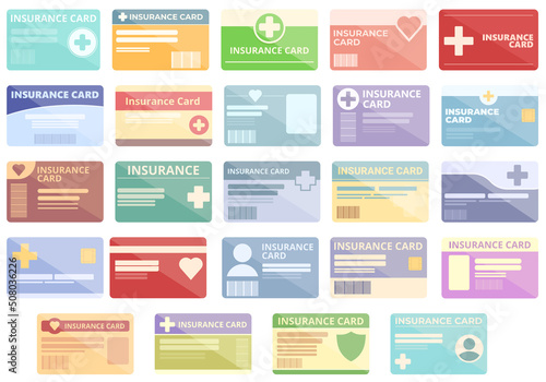 Insurance card icons set cartoon vector. Hospital health. Insure body