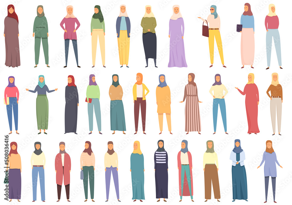 Muslim fashion icons set cartoon vector. Arab casual. Lady girl Muslim fashion icons set cartoon vector. Arab casual. Lady girl