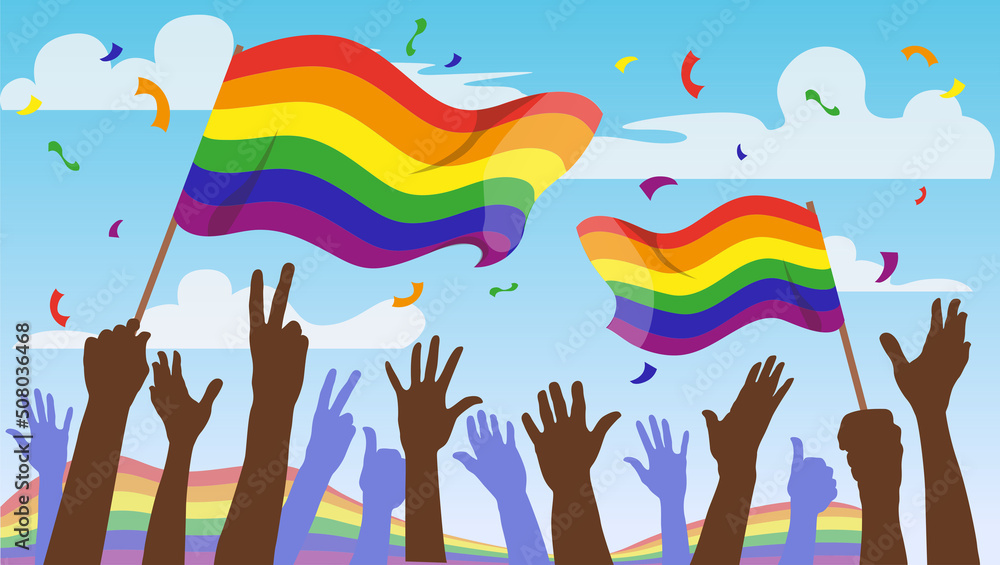People hold flags with lgbt rainbow flag, during pride month ...