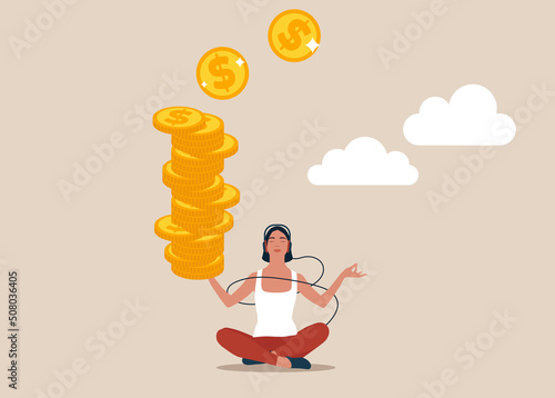 Young woman sitting relax getting stack of money coins in her hand. Passive income getting money while doing nothing, financial independence retire early, being wealthy by passive investing concept.