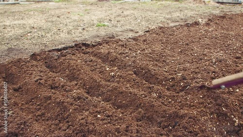 Wallpaper Mural A hoe digs straight furrows in a bed for planting, close-up. The concept of growing vegetables in the garden, cottage, garden plot in agriculture. Spring day, sowing and planting. UHD 4K. Torontodigital.ca
