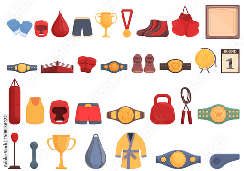 Boxing tournament icons set cartoon vector. Battle academy. Champion agression