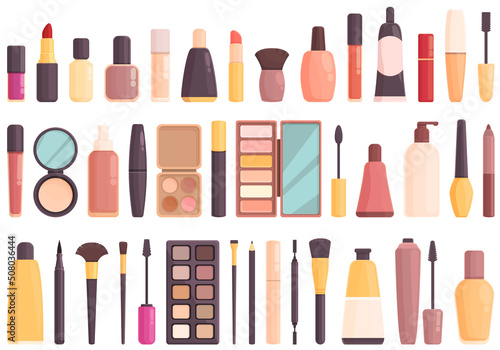 Cosmetic makeup icons set cartoon vector. Skincare bag. Skin beauty