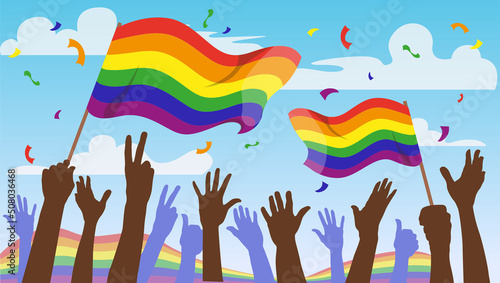 People hold flags with lgbt rainbow flag, during pride month celebration. 