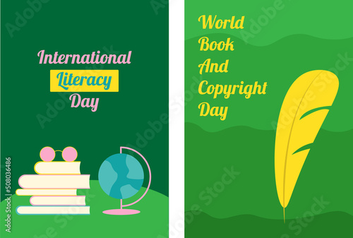 international literacy day on green background. vector postcards