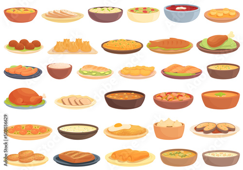 Spring dinner icons set cartoon vector. Family table. Easter dinning
