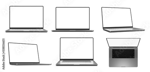 Laptop bank screen set frameless modern design. Front, angled view and top view.