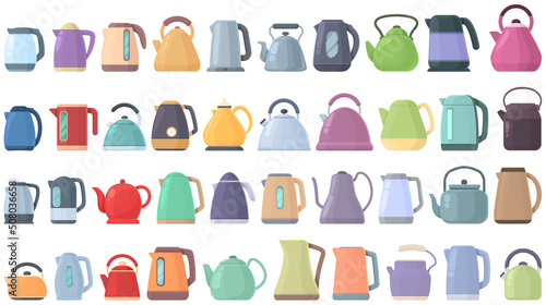 Kettle icons set cartoon vector. Water appliance. Cafe beverage