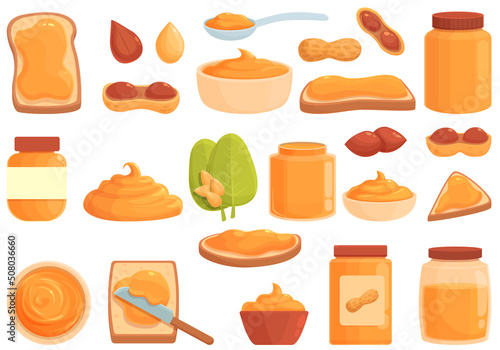 Peanut butter icons set cartoon vector. Nut allergy. Peanut butter