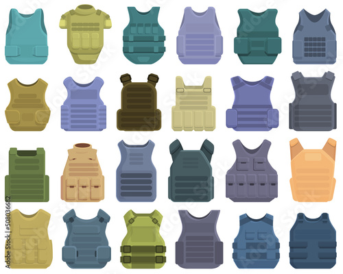 Bulletproof vest icons set cartoon vector. Armor body. Bodyguard vest