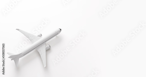 Airplane on a white background, overhead view flat lay. Travel agency banner design template.