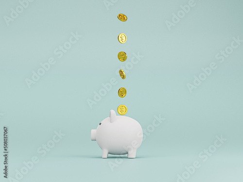 Golden coin flying to white piggy bank on blue background for money saving and deposit concept , creative ideas by 3D rendering technique.