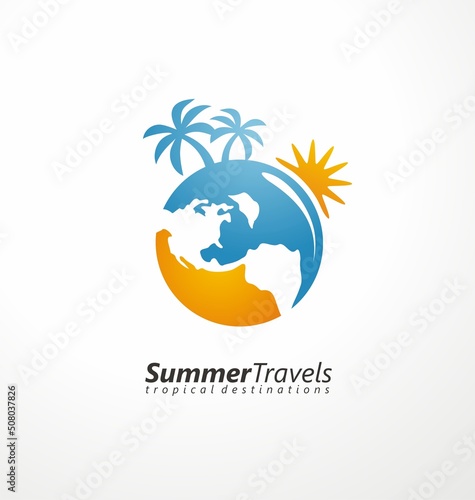Logo design concept for travel agency with earth globe, palm trees and sun shape. Rounded logo idea for tropical summer destinations. Vector symbol.