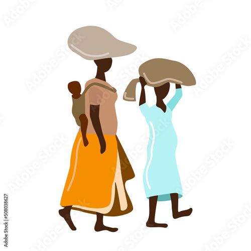 African women in colorful dresses working vector illustration. Black women carrying bag of wheat on heads. Manual labor, agriculture, hunger in Africa. Wheat grain for african people.