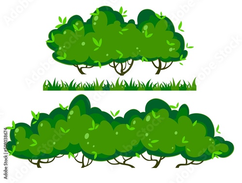 Fotografija two long cartoon shrubs and a grass bar for an endless border, vector illustrati