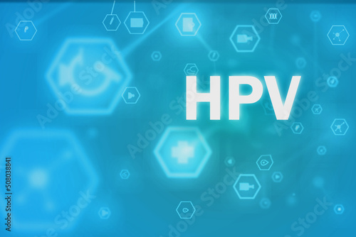 HPV (human papillomavirus) blue background with medical infographics, research under a microscope, vaccination, cervical cancer prevention photo