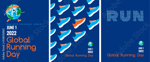 Global running day on 2 of June, 2022, posters set. Healthy lifestyle, vector concept. Letters RUN, bright colors sport shoes geometric pattern, cartoon planet Earth runs, text at navy blue background
