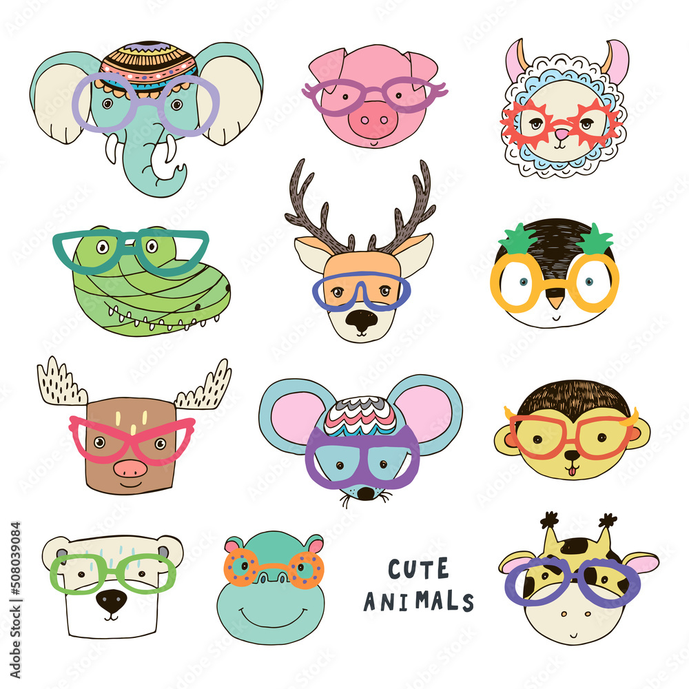 Animal funny faces with trendy glasses vector illustrations set Animal funny faces with trendy glasses vector illustrations set