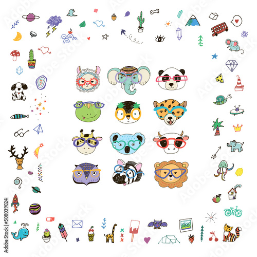 Animal funny faces with trendy glasses vector illustrations set