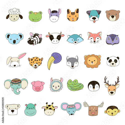 Animal funny faces vector illustrations set