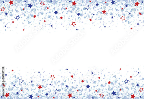 A blue glitter confetti border with red and blue stars on white
