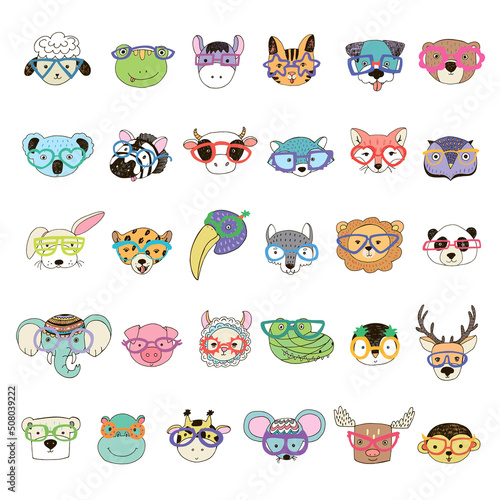 Animal funny faces with trendy glasses vector illustrations set