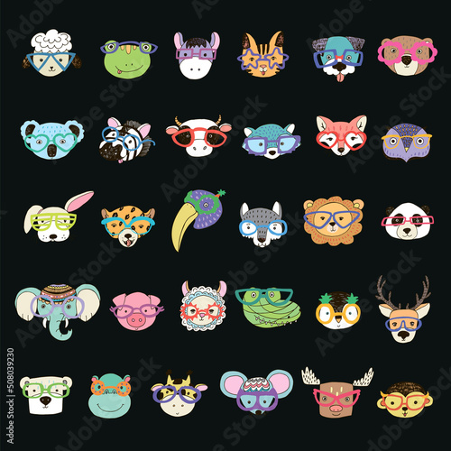 Animal funny faces with trendy glasses vector illustrations set