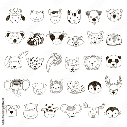 Animal funny faces vector line illustrations set